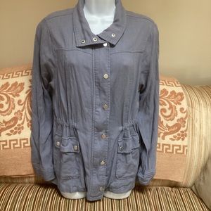 Doe & Rae linen and rayon, zipper and snap drawstring utility jacket blue grey M